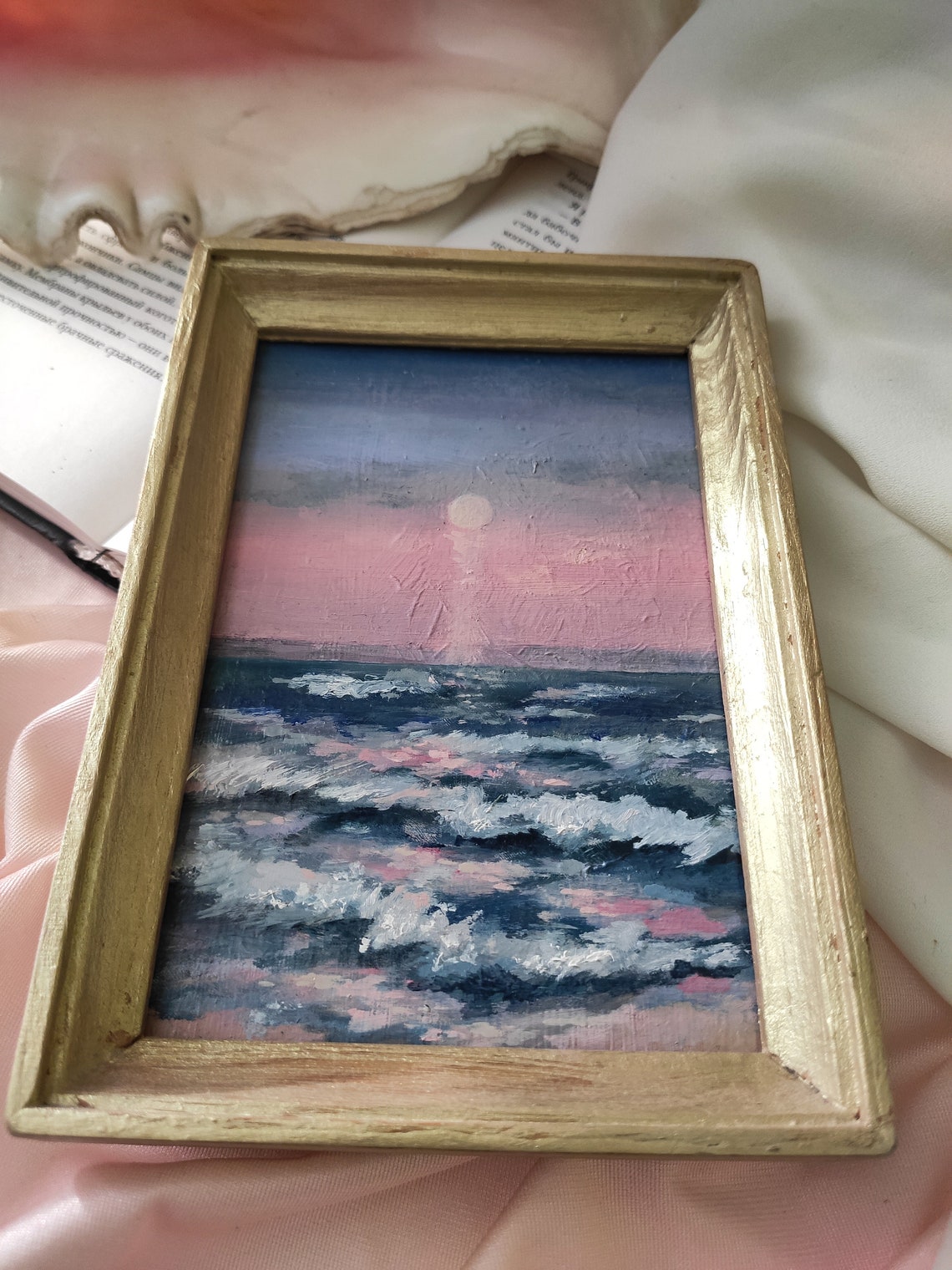 Moonlit Ocean Waves Pink Sunset Seascape Mini Artwork Poster - Image 3
