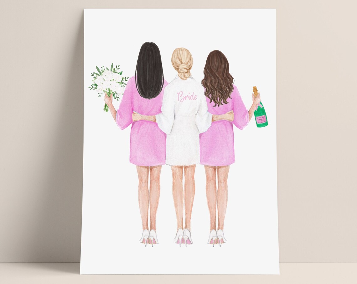 Bride with Two Bridesmaids Pink Robes Bridal Party Portrait Poster
