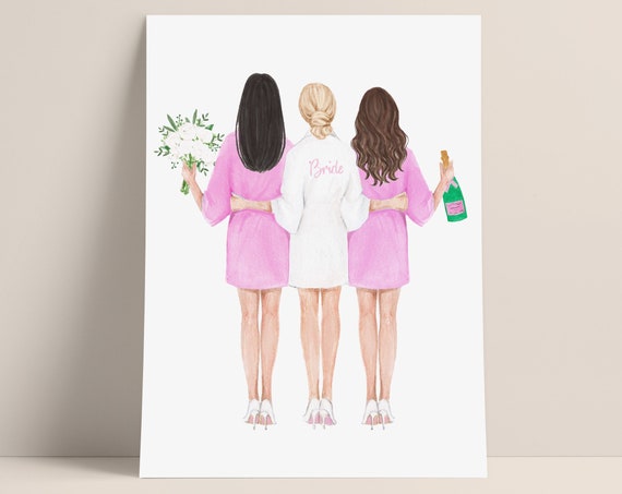 Bride And Bridesmaid Personalized Print Will You Be My Bridesmaid Print Bridesmaid Illustration Card Robe Bridesmaid