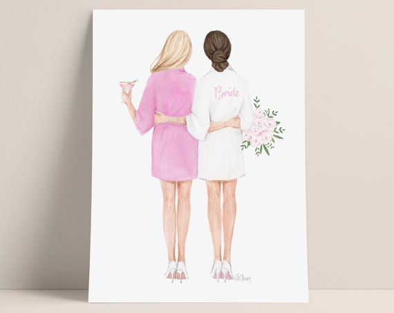Bride And Bridesmaid Personalized Print Will You Be My Bridesmaid Print Bridesmaid Illustration Card Robe Bridesmaid
