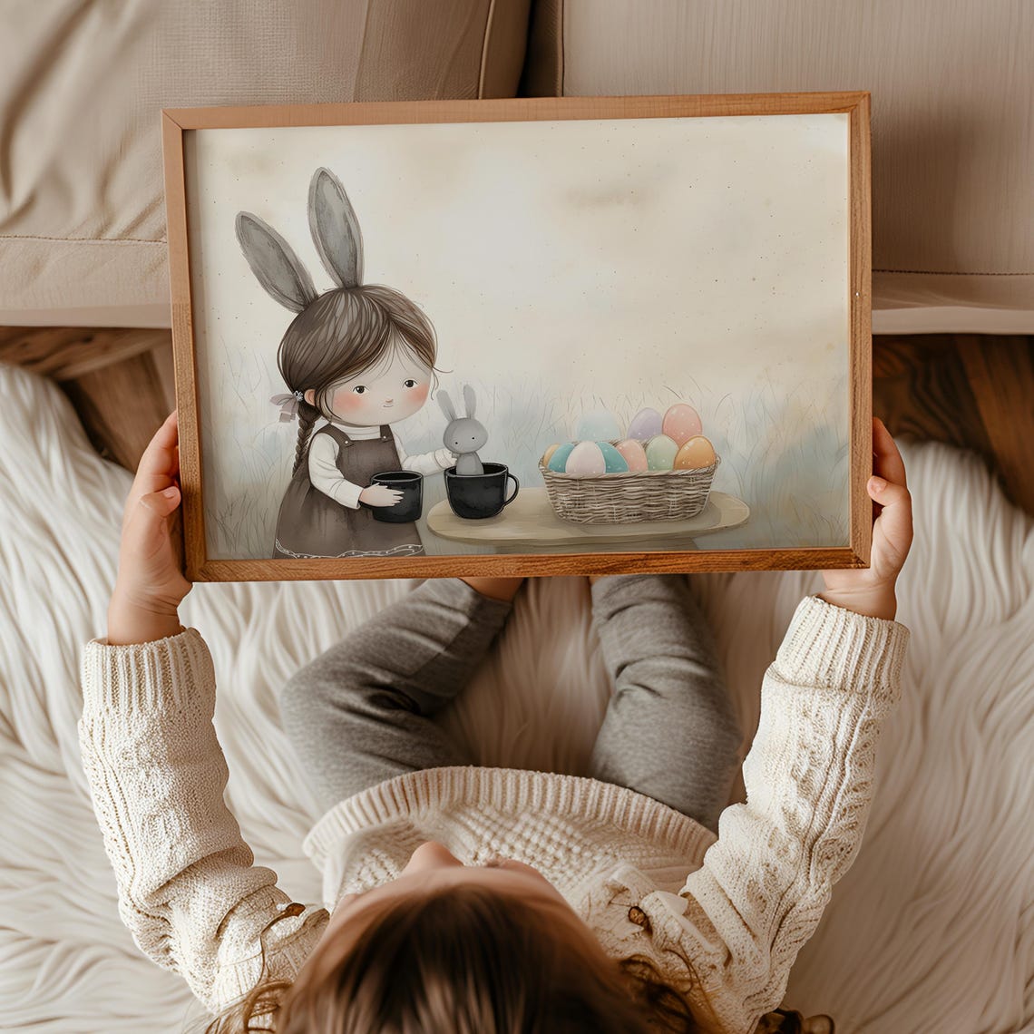 Bunny Girl With Easter Egg Basket Watercolor Spring Nursery Poster - Image 3