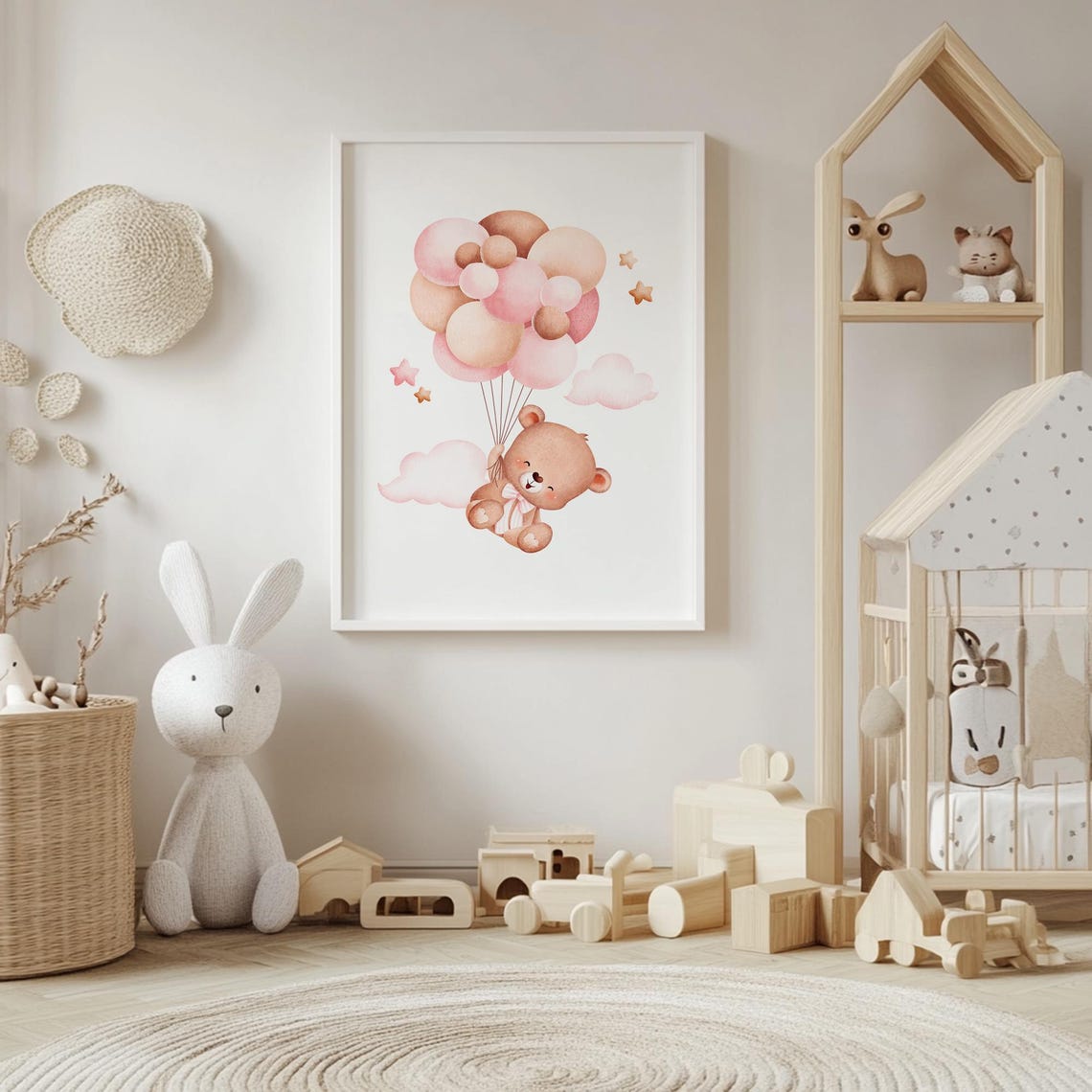 Smiling Teddy Bear Carried by Pink and Cream Balloons Poster - Image 4
