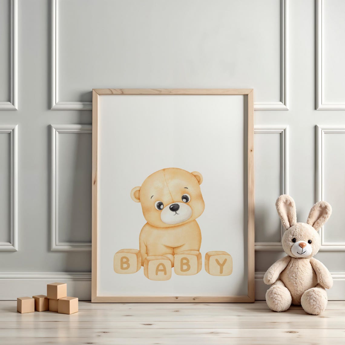 Adorable Teddy Bear With Baby Blocks Watercolor Nursery Wall Poster - Image 3