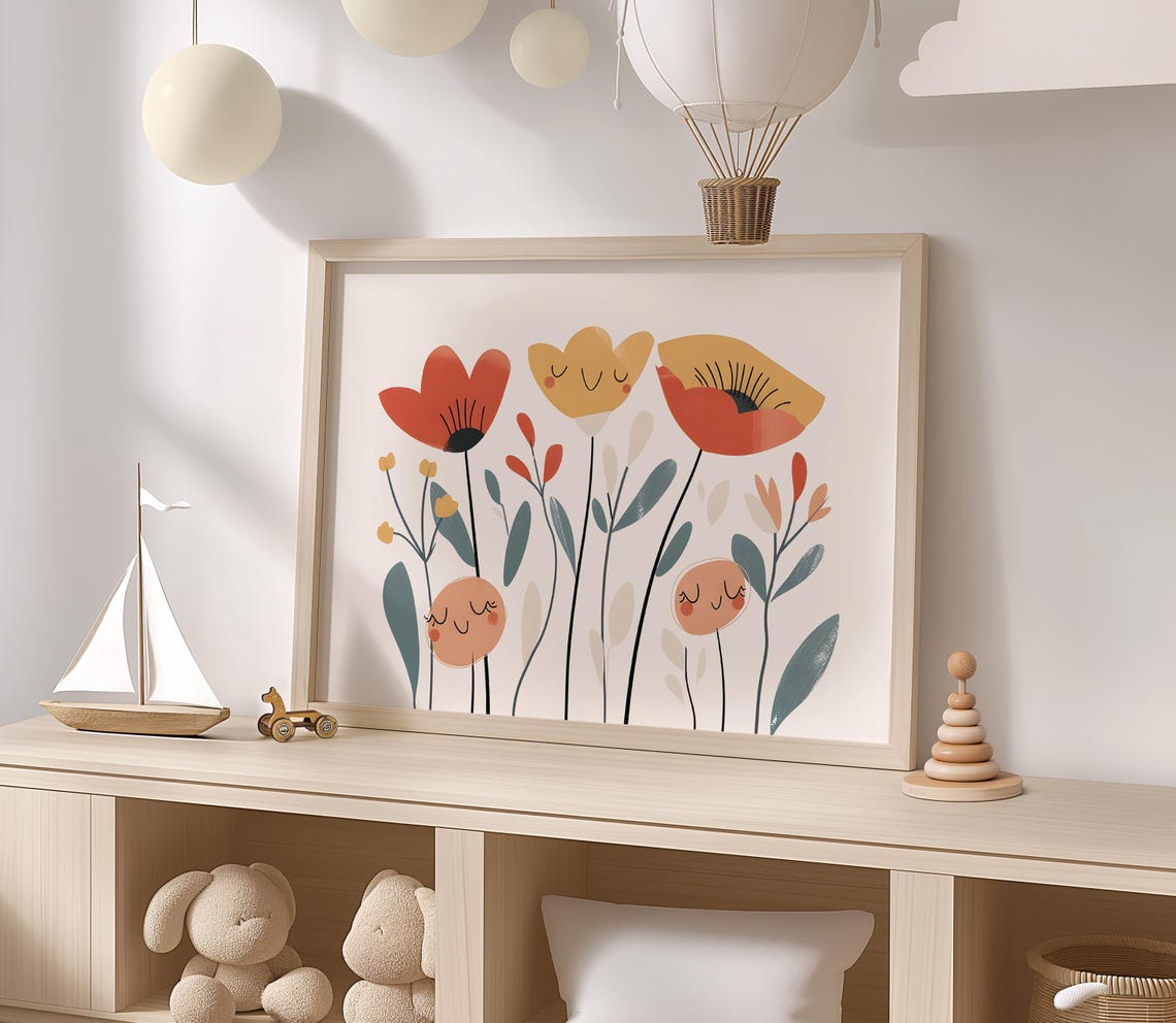 Smiling Poppy Flowers Meadow Modern Playful Kids Wall Decor Poster - Image 2