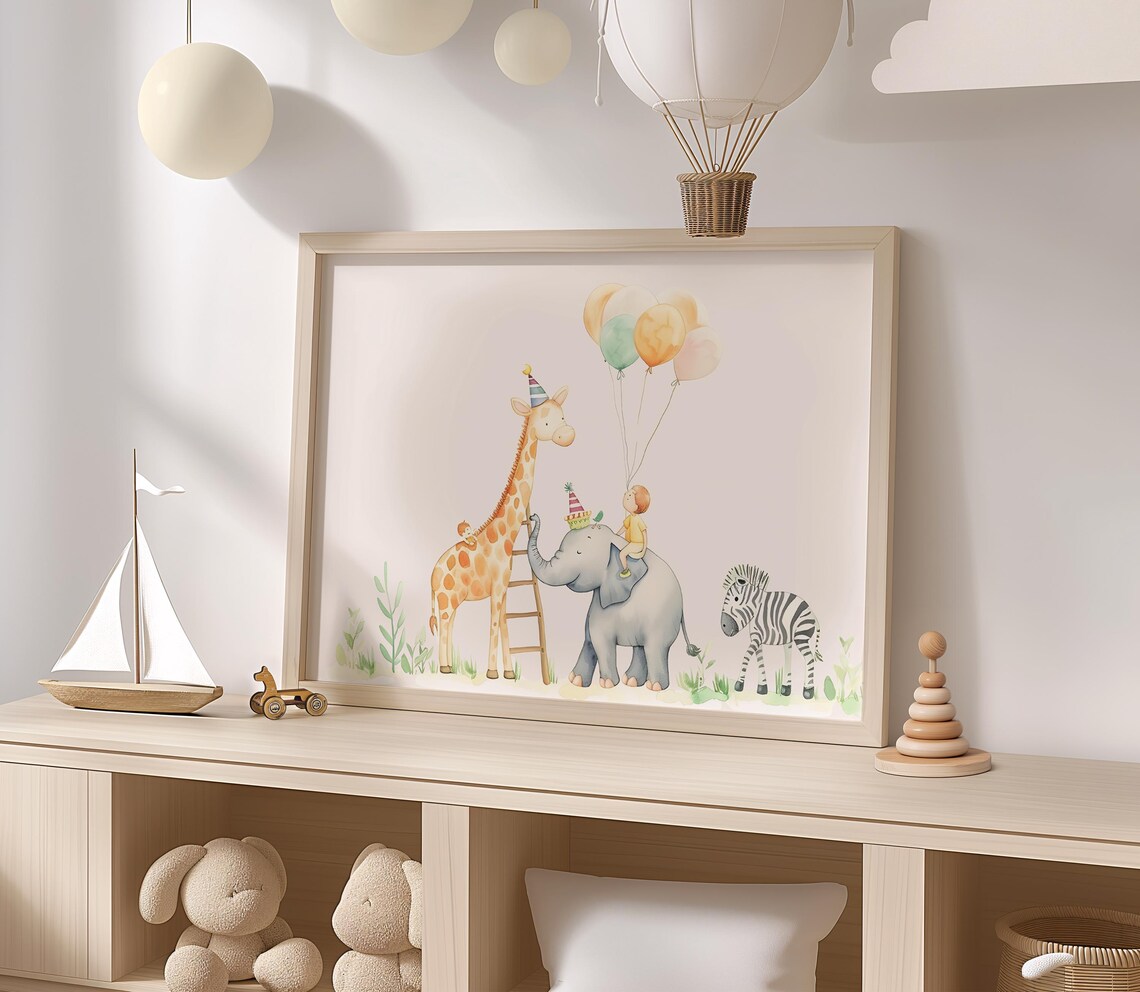 Safari Birthday Party With Animals Watercolor Kids Room Wall Poster - Image 2