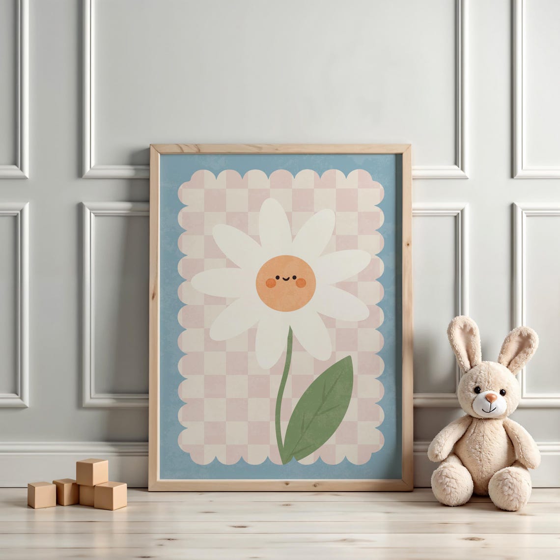 Smiling Daisy Flower Pink Checkered Boho Kids Floral Art Poster - Image 3