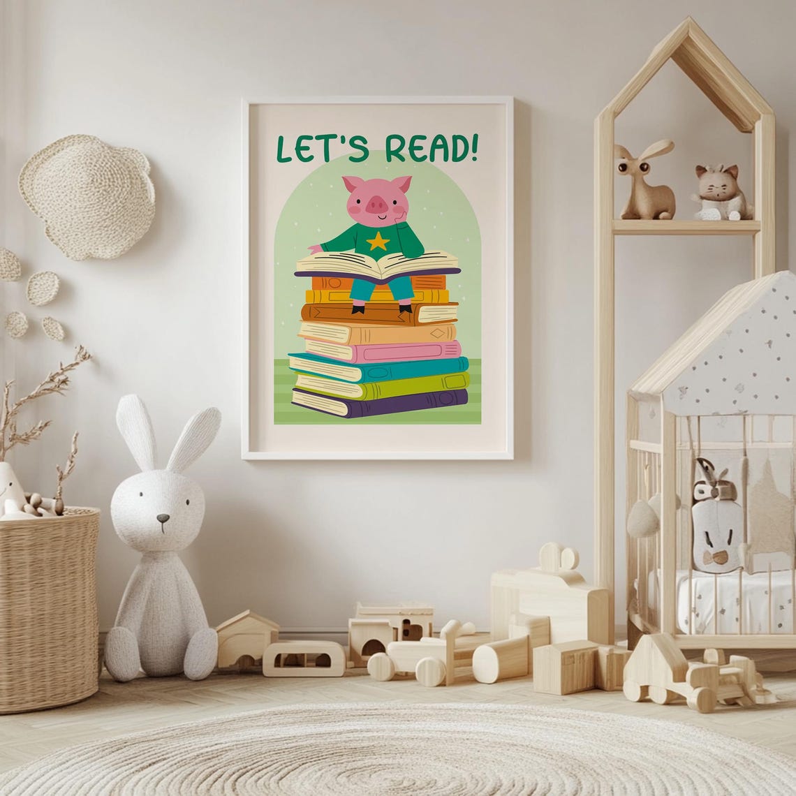 Let's Read Pink Pig Reading On Book Stack Kids Room Art Poster - Image 4