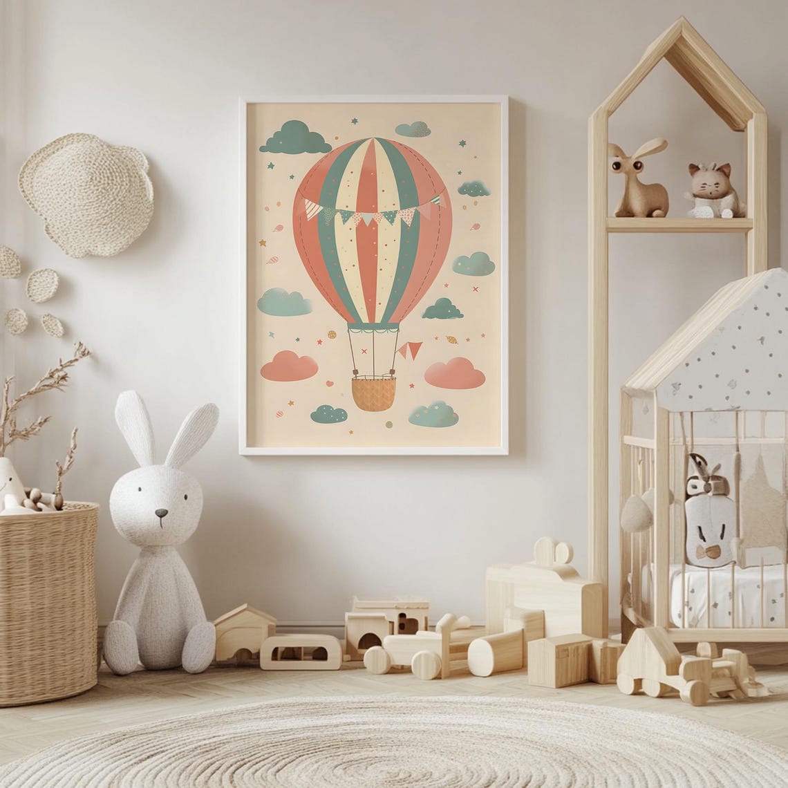 Coral And Teal Striped Hot Air Balloon Vintage Nursery Poster - Image 4