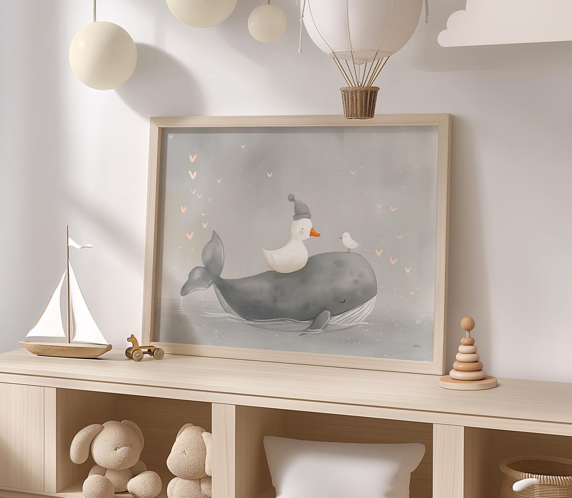 Whale Duck And Bird Gray Watercolor Whimsical Nursery Wall Poster - Image 2