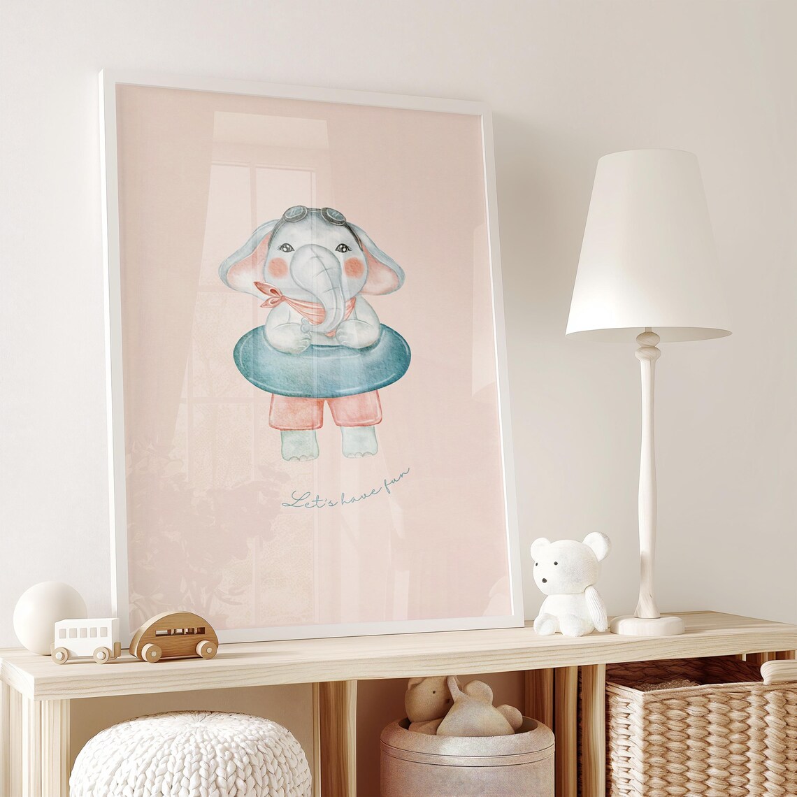 Playful Baby Elephant With Swim Ring Cute Watercolor Nursery Poster - Image 2