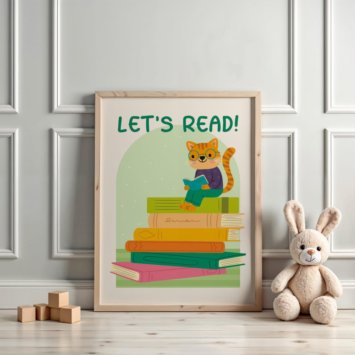 Let's Read Cat With Glasses Stacked Books Kids Reading Poster - Image 3