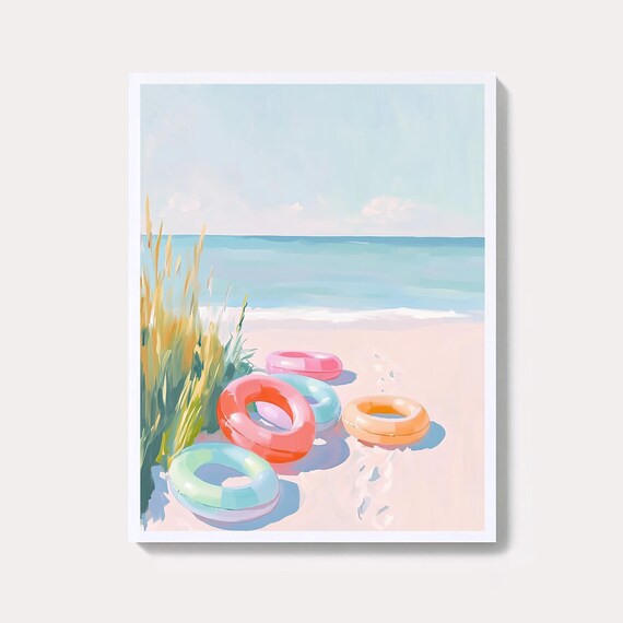 Pastel Swim Rings Floating Off the Shore Coastal Summer Art Poster