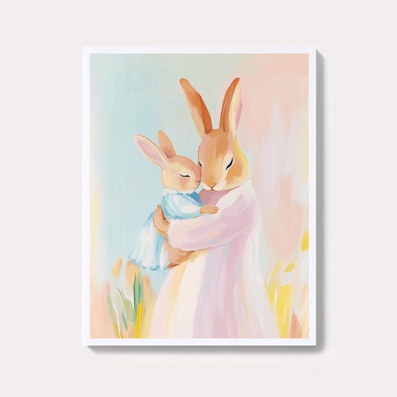 Vintage Rabbit Nursery Art Mom Baby Pastel Print