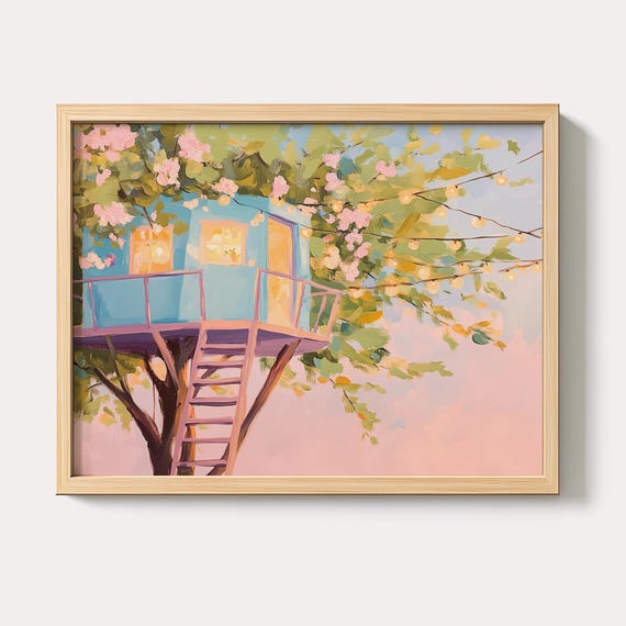 Treehouse Painting Twinkling Lights Night Forest Art
