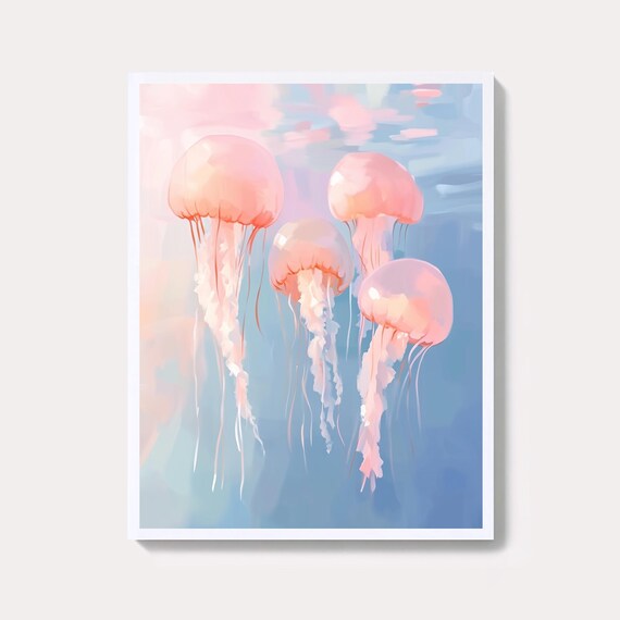 Pink Pastel Jellyfish Print Abstract Coastal Wall Art