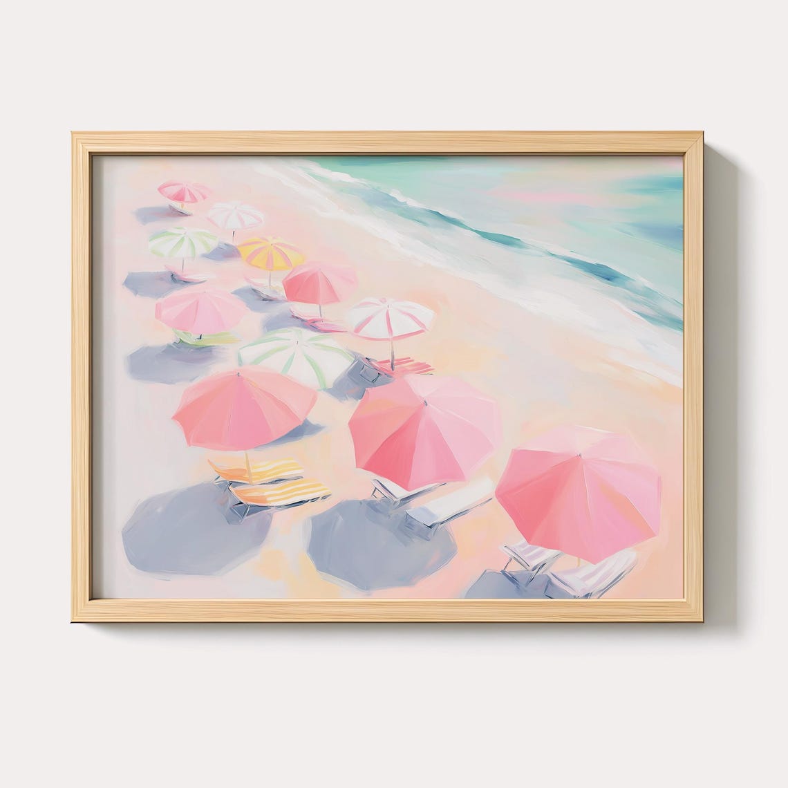 Pastel Beach Aerial Umbrella Art Print Pink Coastal Shore Summer Decor