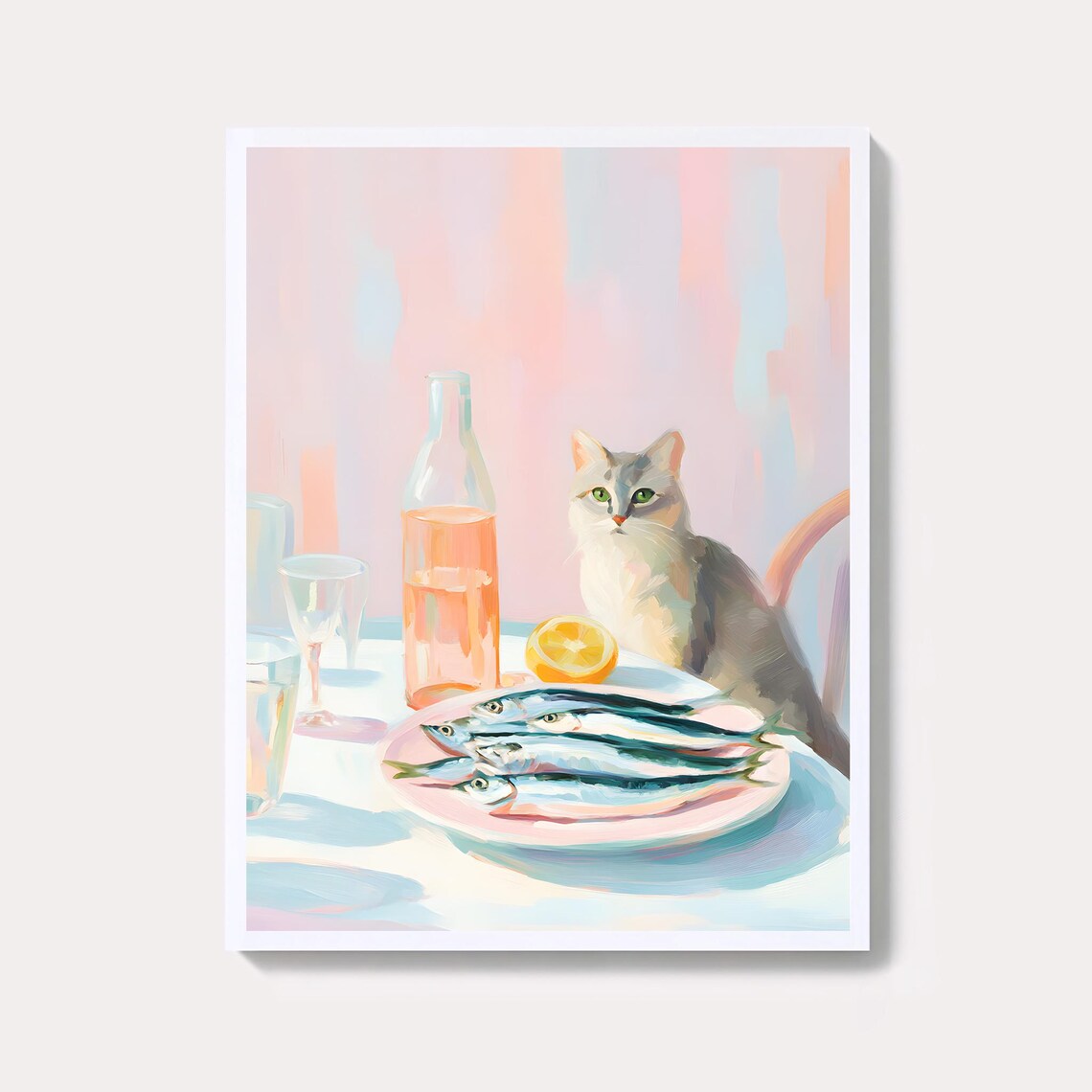 Pastel Cat with Sardines Wine and Lemon Coastal Kitchen Still Life Print