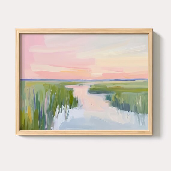 Pastel Marsh Sunrise over Wetlands Pink Sky Green Reeds Watercolor Poster
