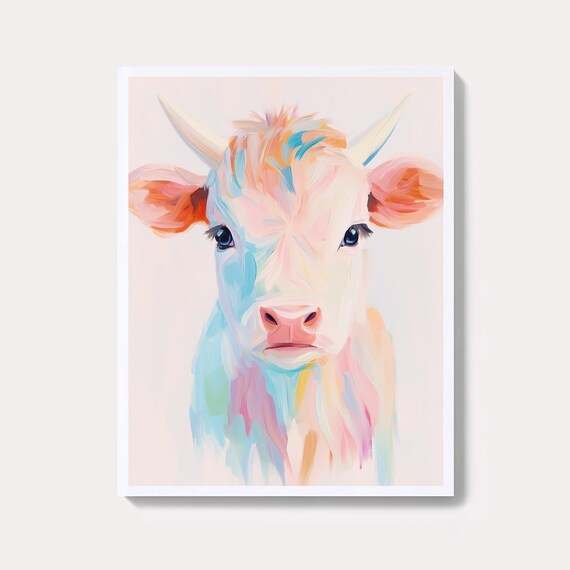 Watercolor Highland Calf Painting Cute Cow Pastel Wall Art Print Heifer Farmhouse Girly Rustic