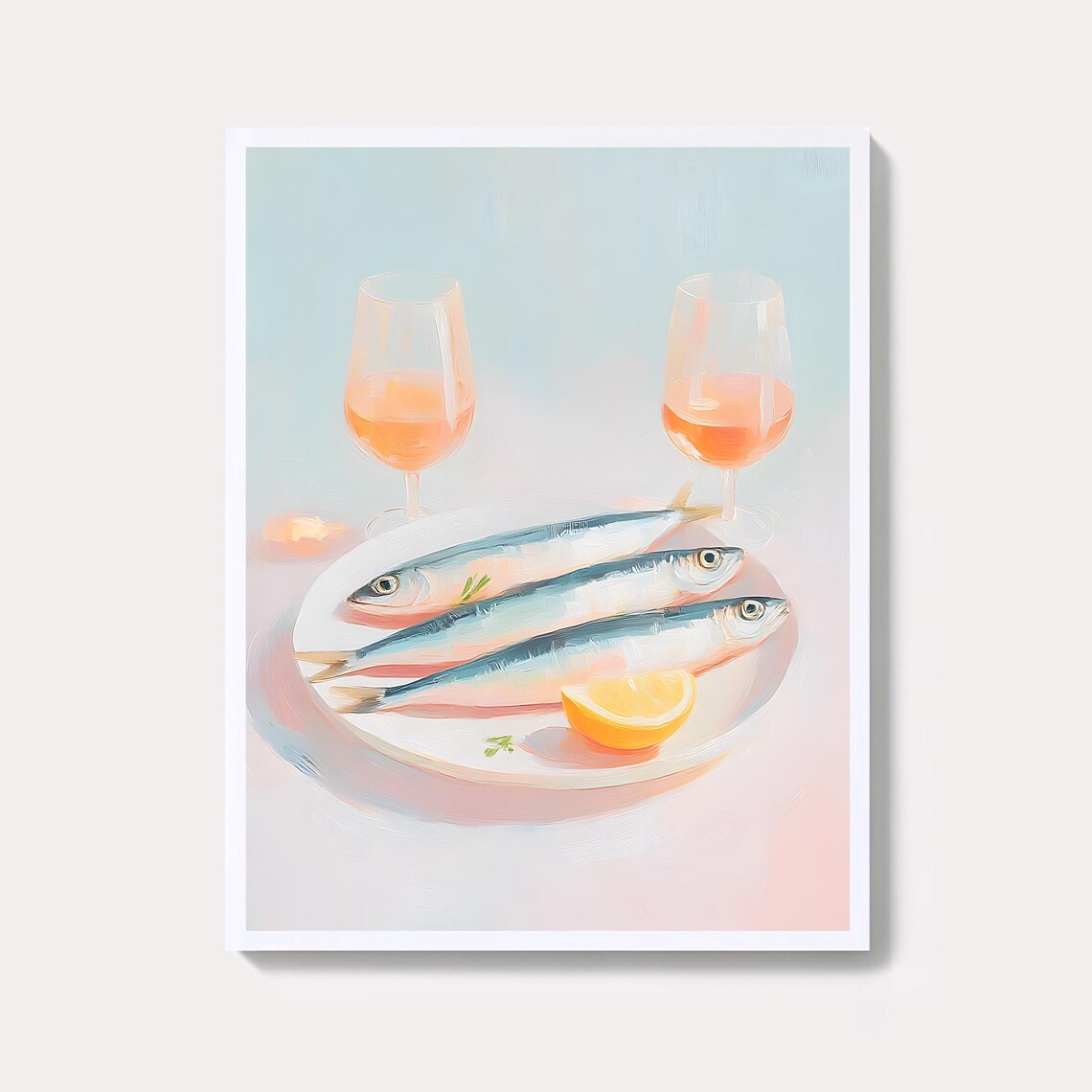 Sardines On Plate With Lemon Wedge And Wine Glasses Food Poster