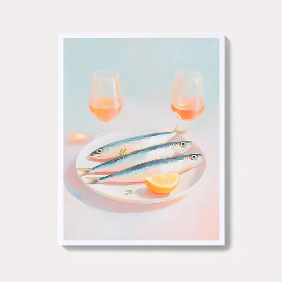 Sardines On Plate With Lemon Wedge And Wine Glasses Food Poster