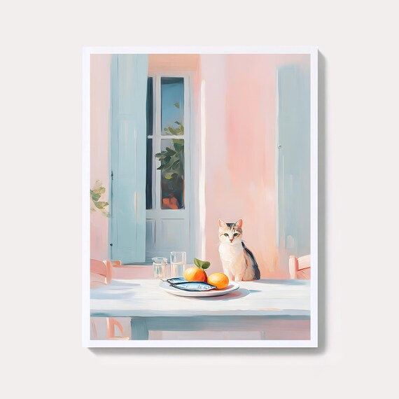 Pastel Cat on a Mediterranean Kitchen Table Coastal Still Life Poster