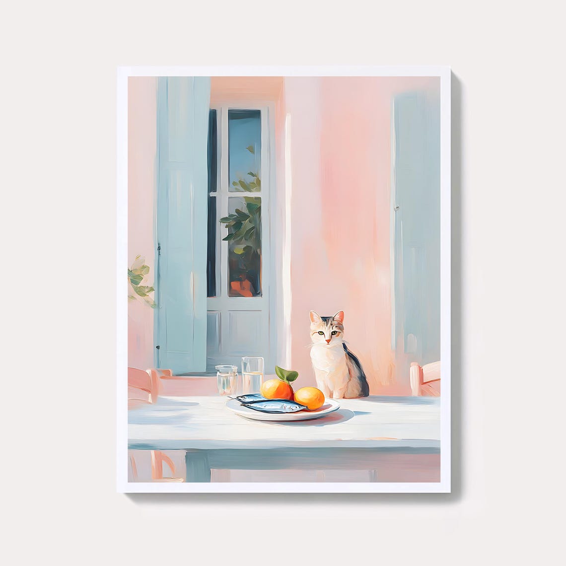 Pastel Cat on a Mediterranean Kitchen Table Coastal Still Life Poster