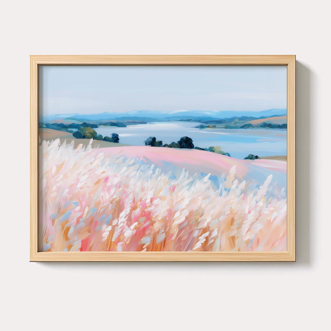 Pastel Blush Pink Grasses Lakeside Hills Oversized Landscape Poster