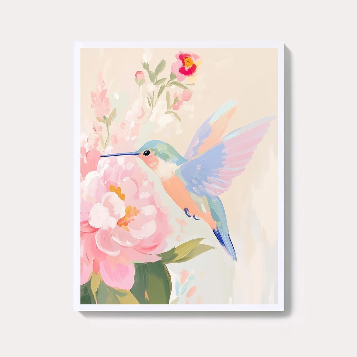 Pastel Hummingbird And Pink Peony Floral Watercolor Wall Art