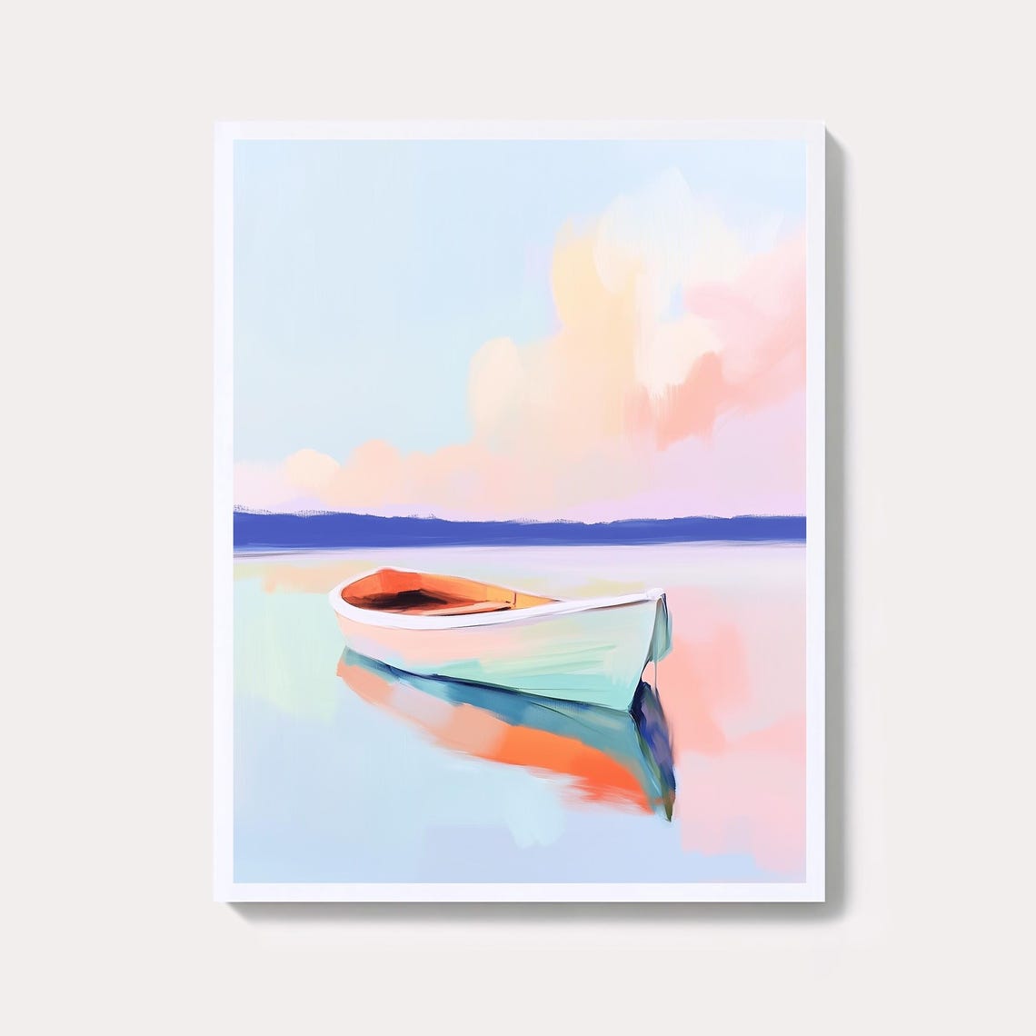 Pastel Rowboat on Calm Water Serene Minimalist Seascape Poster