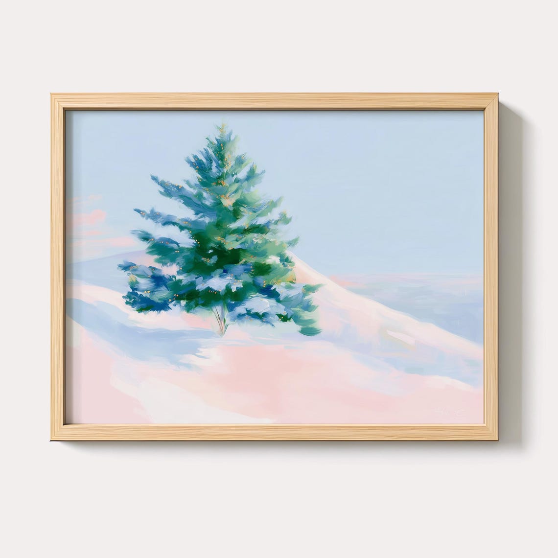 Snowy Lone Pine Tree on Pink Hills Winter Pastel Landscape Art Poster
