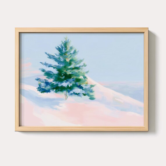 Snowy Lone Pine Tree on Pink Hills Winter Pastel Landscape Art Poster