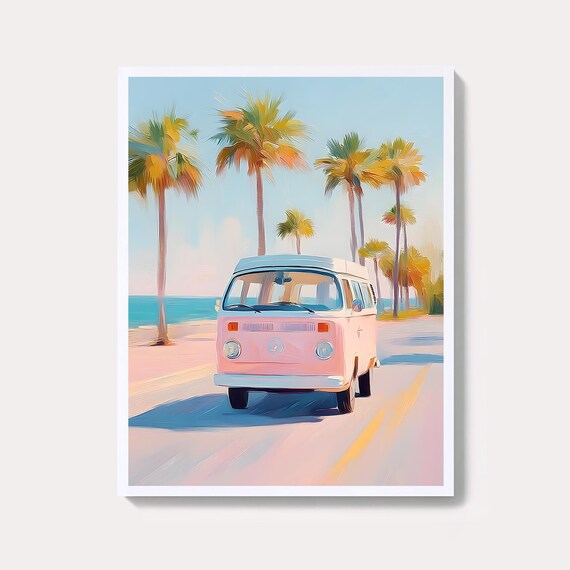 Pink Retro Van Palm Tree Sunny Coastal Road Trip Beach Wall Art