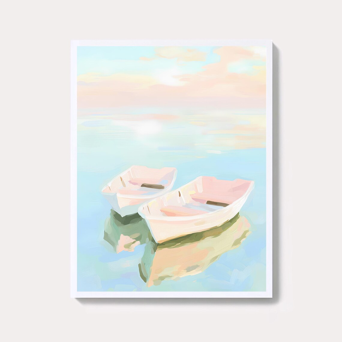 Pastel Rowboats Painting Two White Boats Calm Morning Sea Poster
