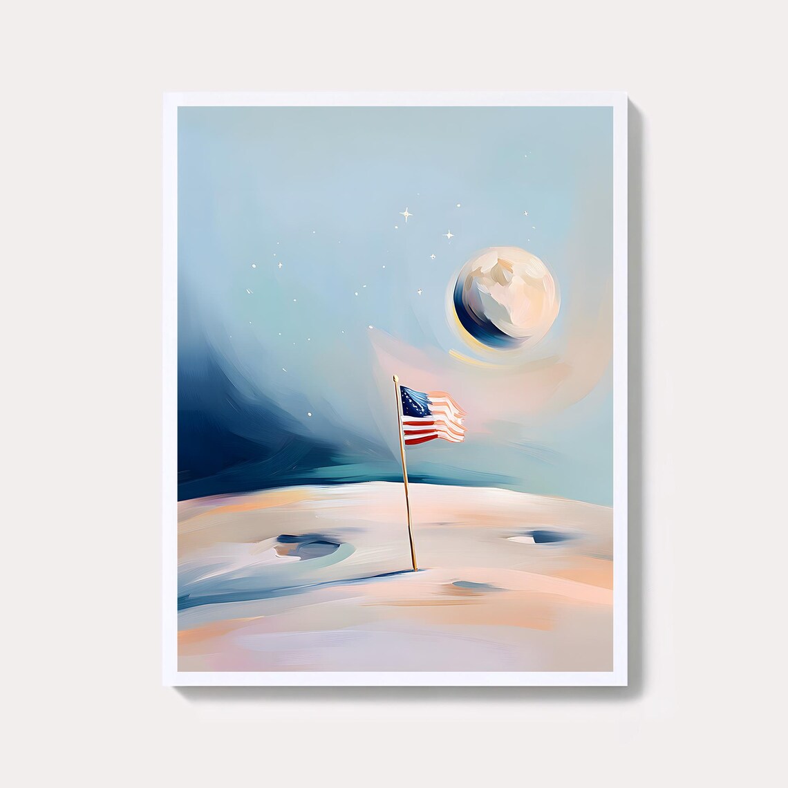 Moon Landing American Flag Pastel Space Cosmic Adventure Art Poster