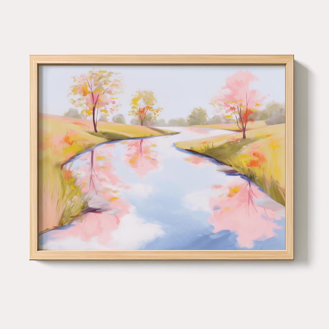 Pastel Pink River Meadow Green Landscape Oil Painting Spring Poster