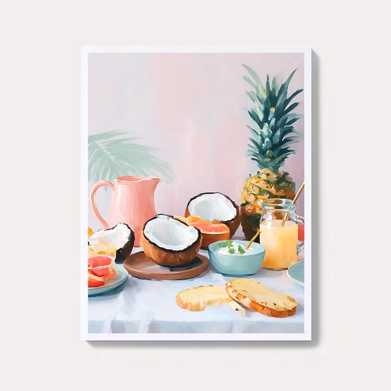 Tropical Fruit Still Life Painting Pastel Pineapple Coconut Wall Art Print Summer Exotic Table Beach Kitchen Decor