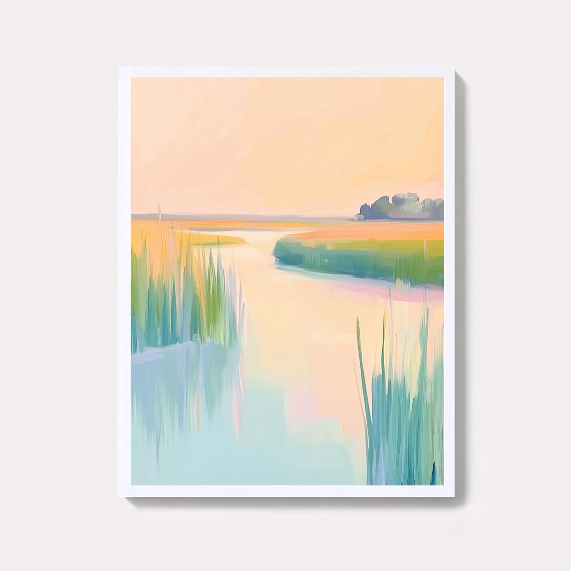 Pastel Marsh Sunset Watercolor Print Calm Reeds River Landscape