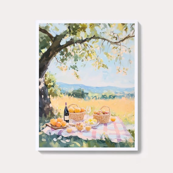 Vintage Picnic Painting Moody Farmhouse Landscape Art
