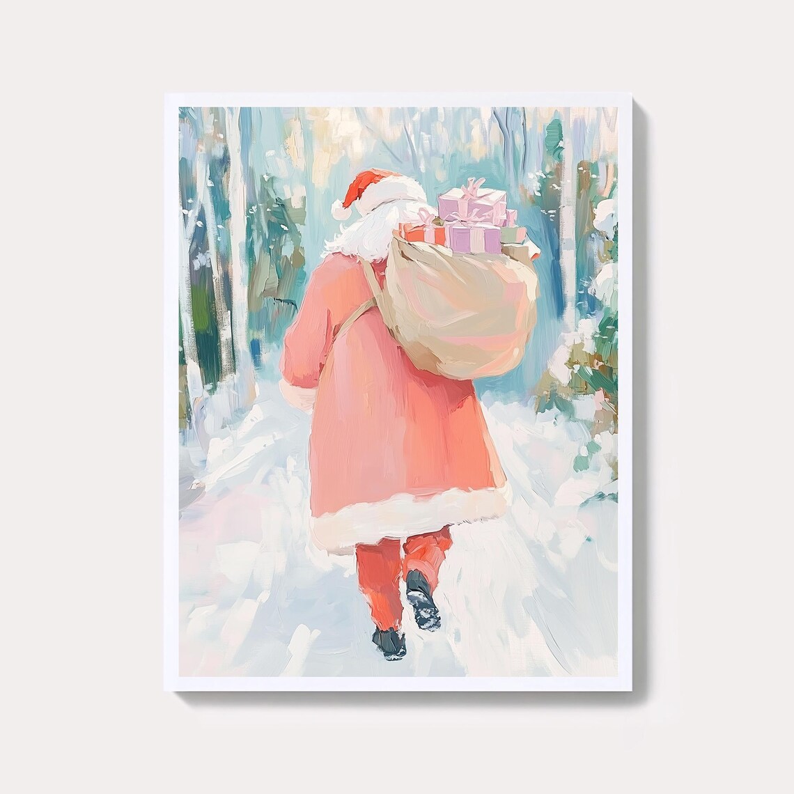 Soft Pink Pastel Santa Claus Gift Sack Winter Forest Painting Poster