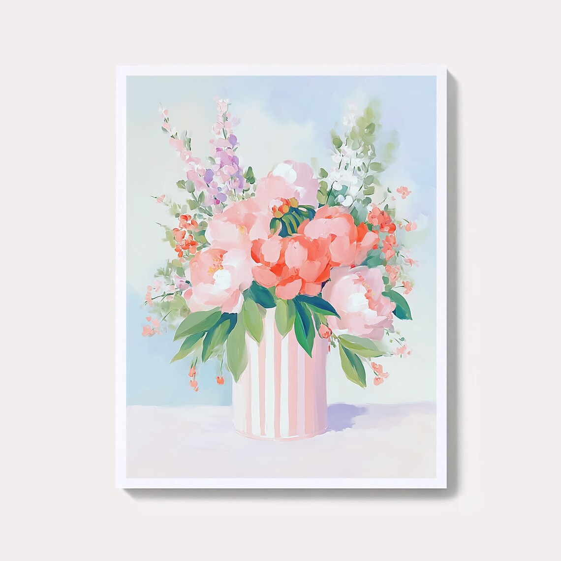 Blush Peonies Bouquet In A Striped Vase Pastel Floral Art Poster