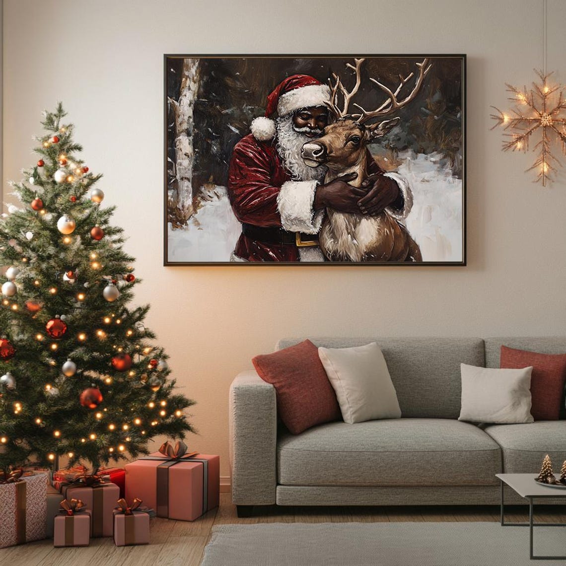 Santa Hugging Reindeer Snowy Woods Tender Oil Painting Poster - Image 5