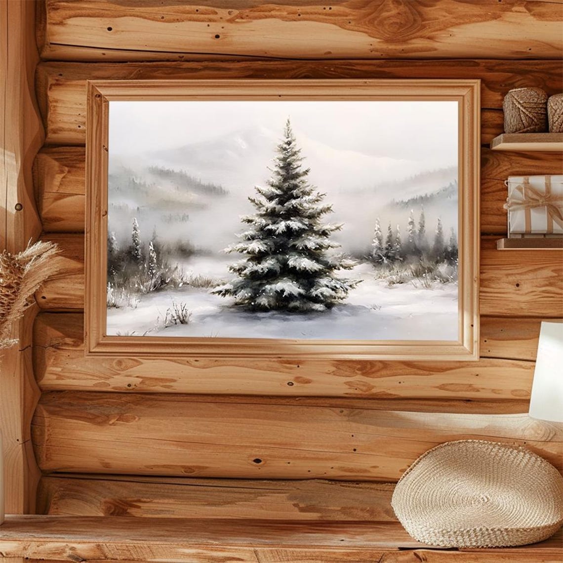 Lone Snowy Pine Tree Minimalist Winter Watercolor Art Poster - Image 4