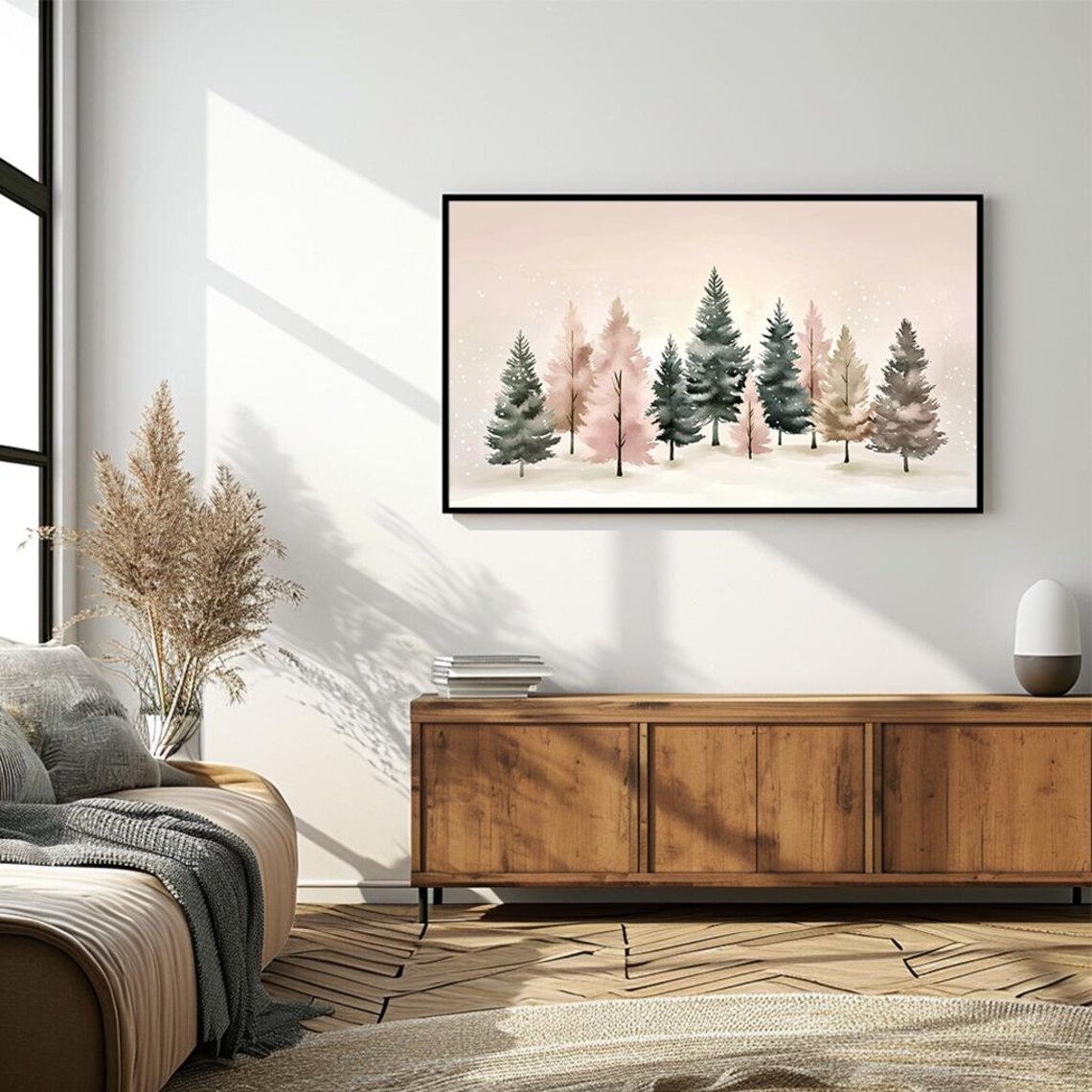Pastel Pink Green Watercolor Pines Winter Wonderland Art Poster - Image 4