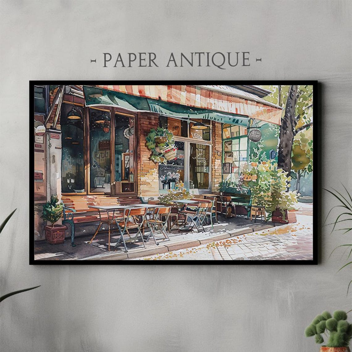 Watercolor European Cafe Street Scene Outdoor Tables Sunlit Poster