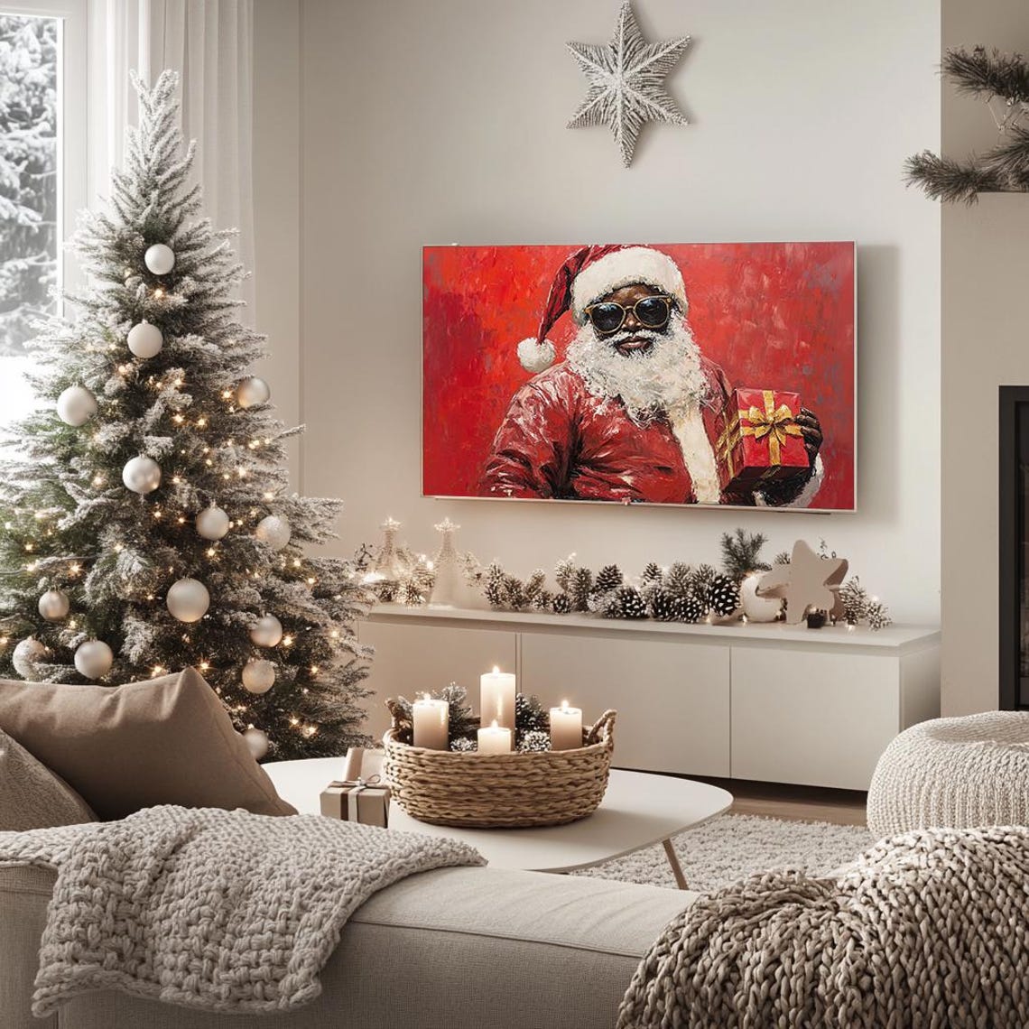 Cool Santa Sunglasses Holding Gift Bold Red Oil Painting Poster - Image 5