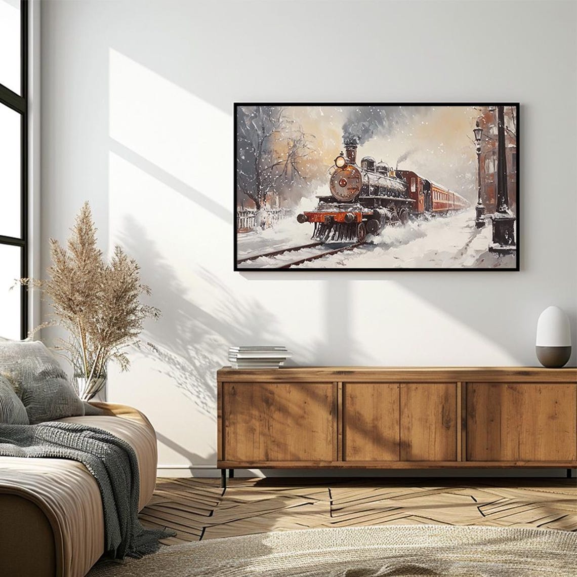 Vintage Christmas Steam Train in Snowy Town Oil Art Scene Poster - Image 4