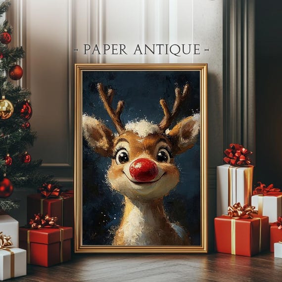 Rudolph The Red Nosed Reindeer Cute Holiday Oil Painting Fun Festive Christmas Decor Wall Art Kids Christmas Pt