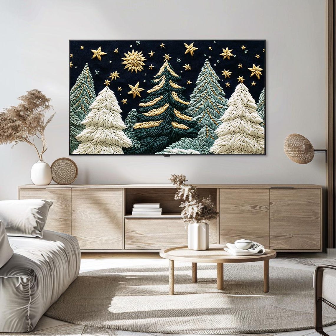 Embroidered Winter Night Forest With Golden Stars Textile Art Poster - Image 5