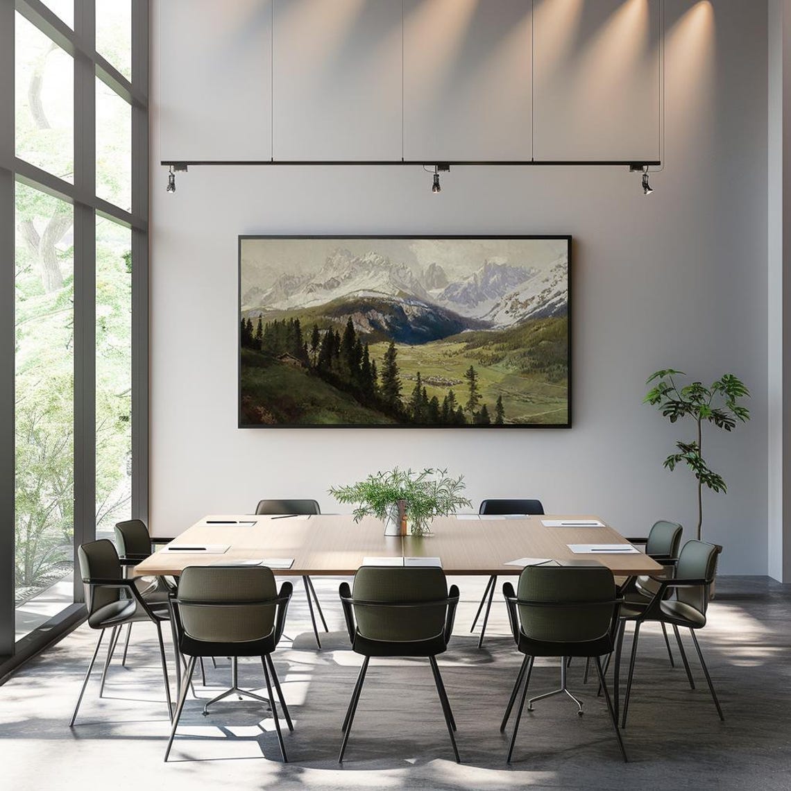 Snowy Alpine Peaks Pine Valley Vintage Mountain Painting Poster - Image 3